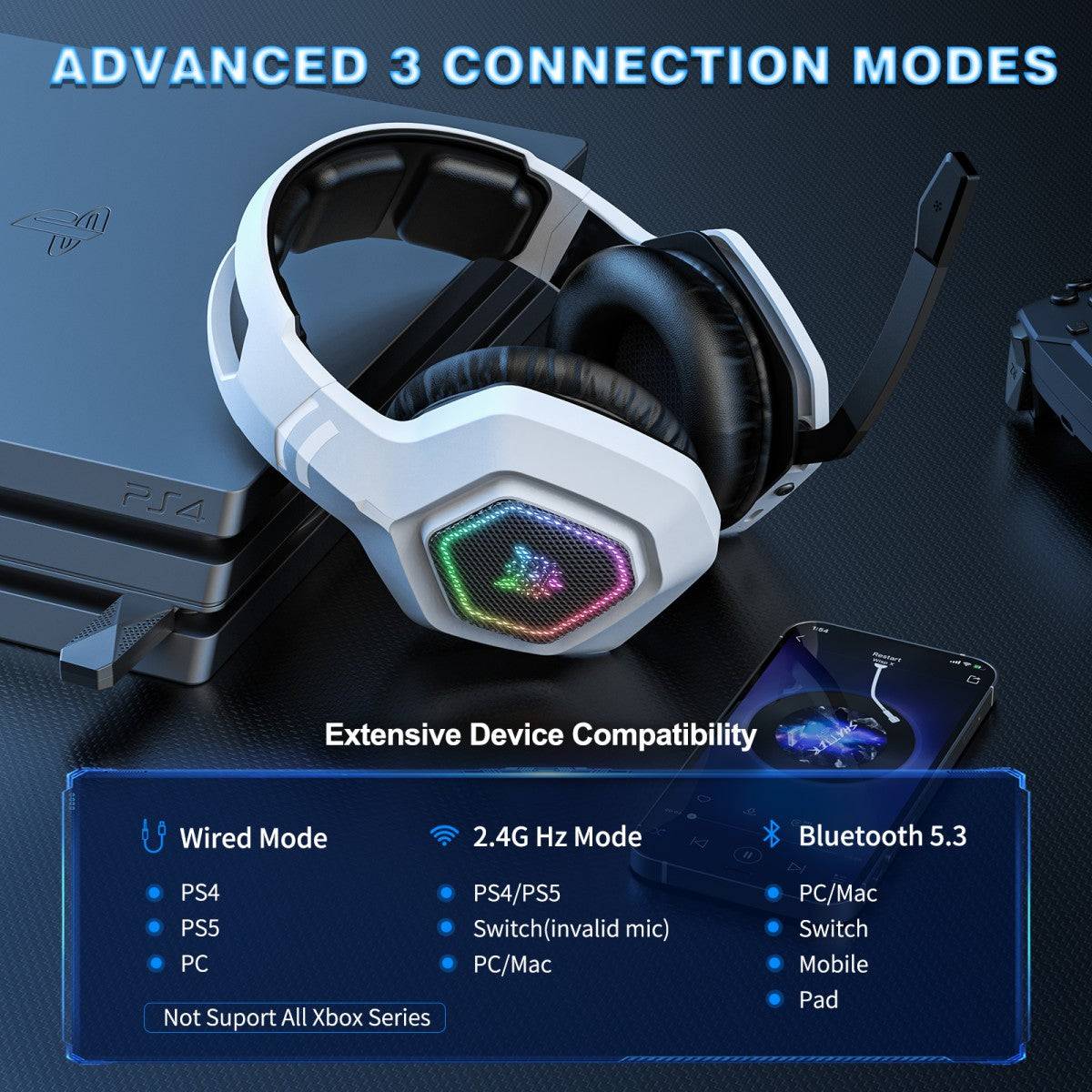 ONIKUMA B100 gaming headset featuring advanced 3 connection modes: wired, 2.4G Hz, and Bluetooth 5.3 for multi-platform compatibility.